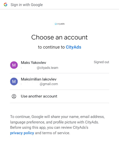 Selecting a Google Account to go to the CityAds app